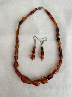 Amber Bead Necklace and Drop Earrings - Warm Honey Brown